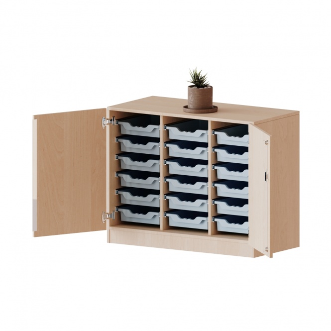 ErgoTray Schrank, 3reihig, 2 OH, zweitürig, n, mit 18 flachen Boxen, B/H/T 104,5x82x50cm 